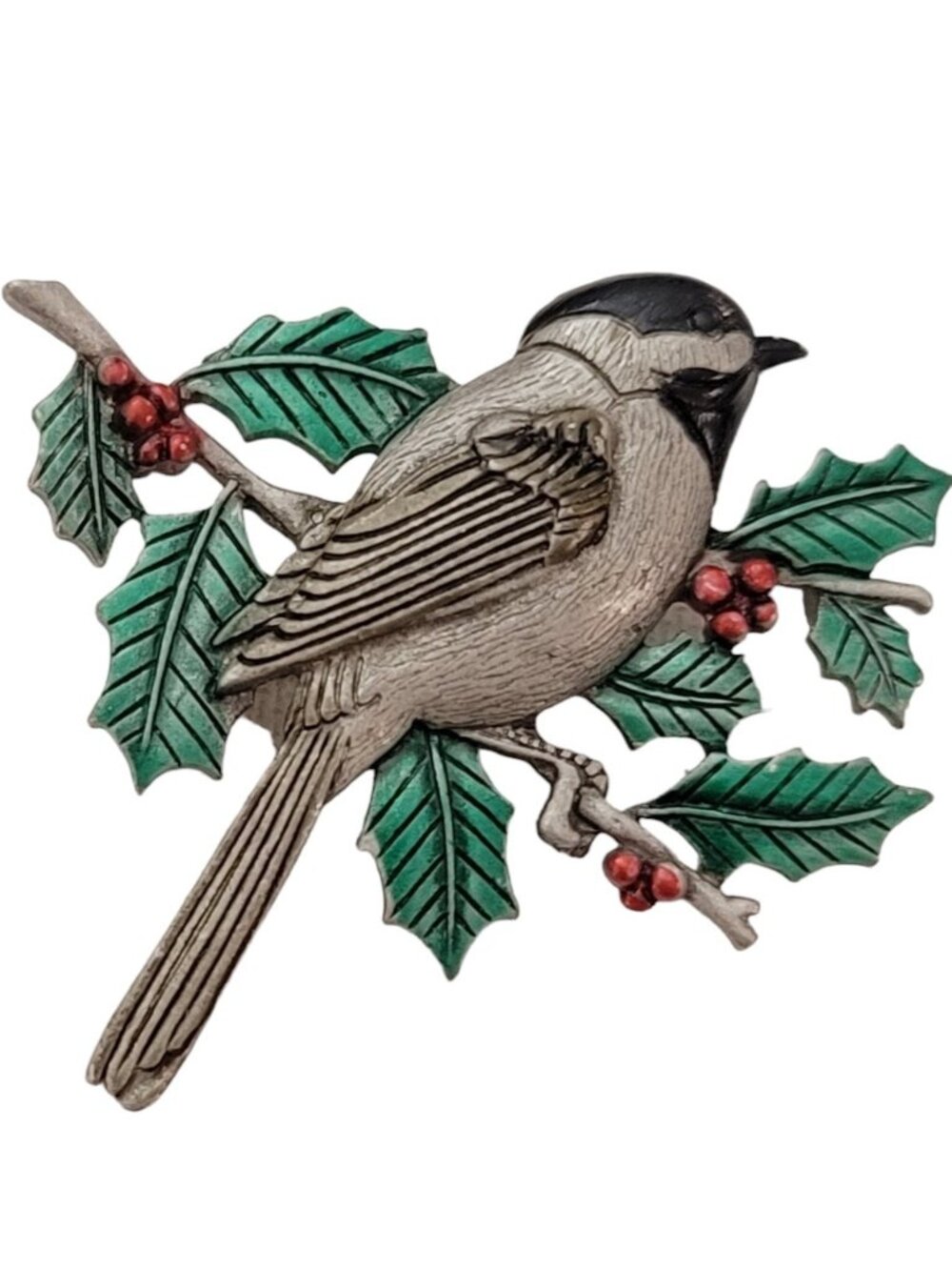 JJ Jonette Silver Tone Red Holly Berry Chickadee Bird Pin Brooch, Signed K565